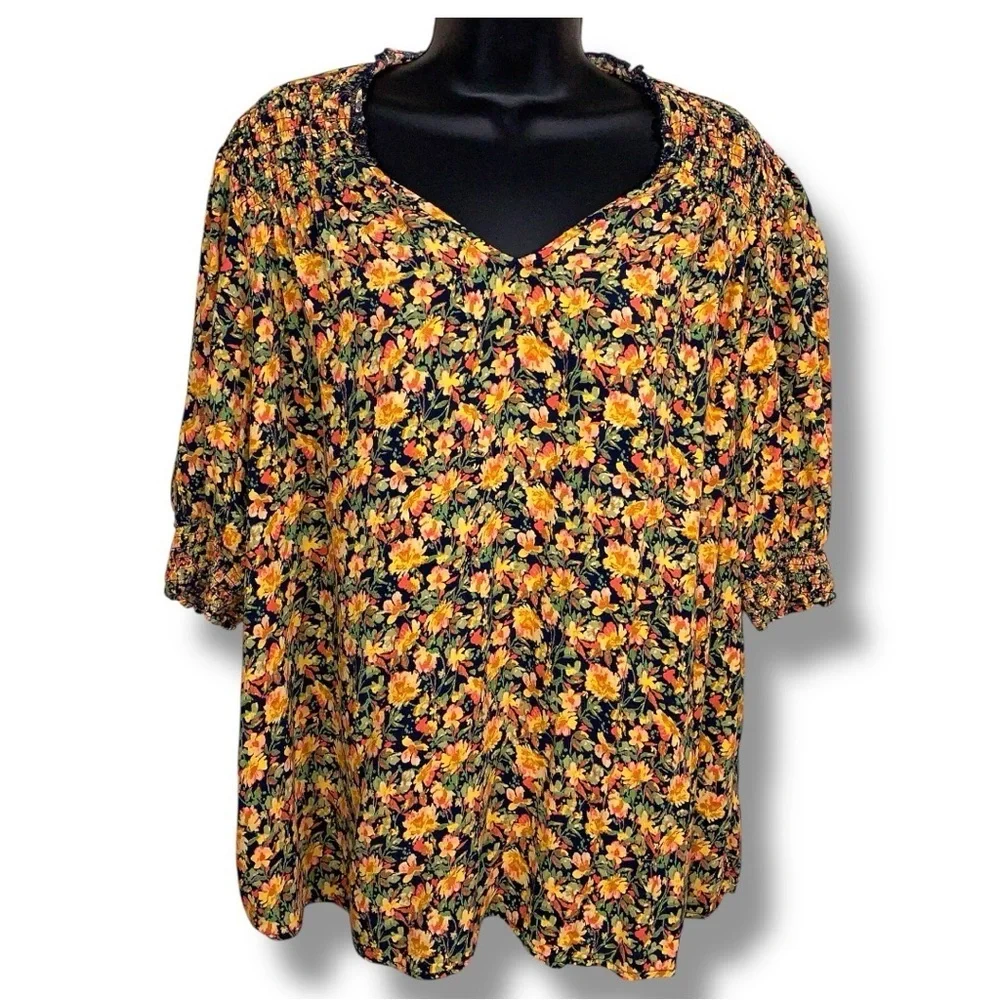 1X Terra And Sky Colorful Floral Peasant Top Orange Yellow Black Sweetheart Neck